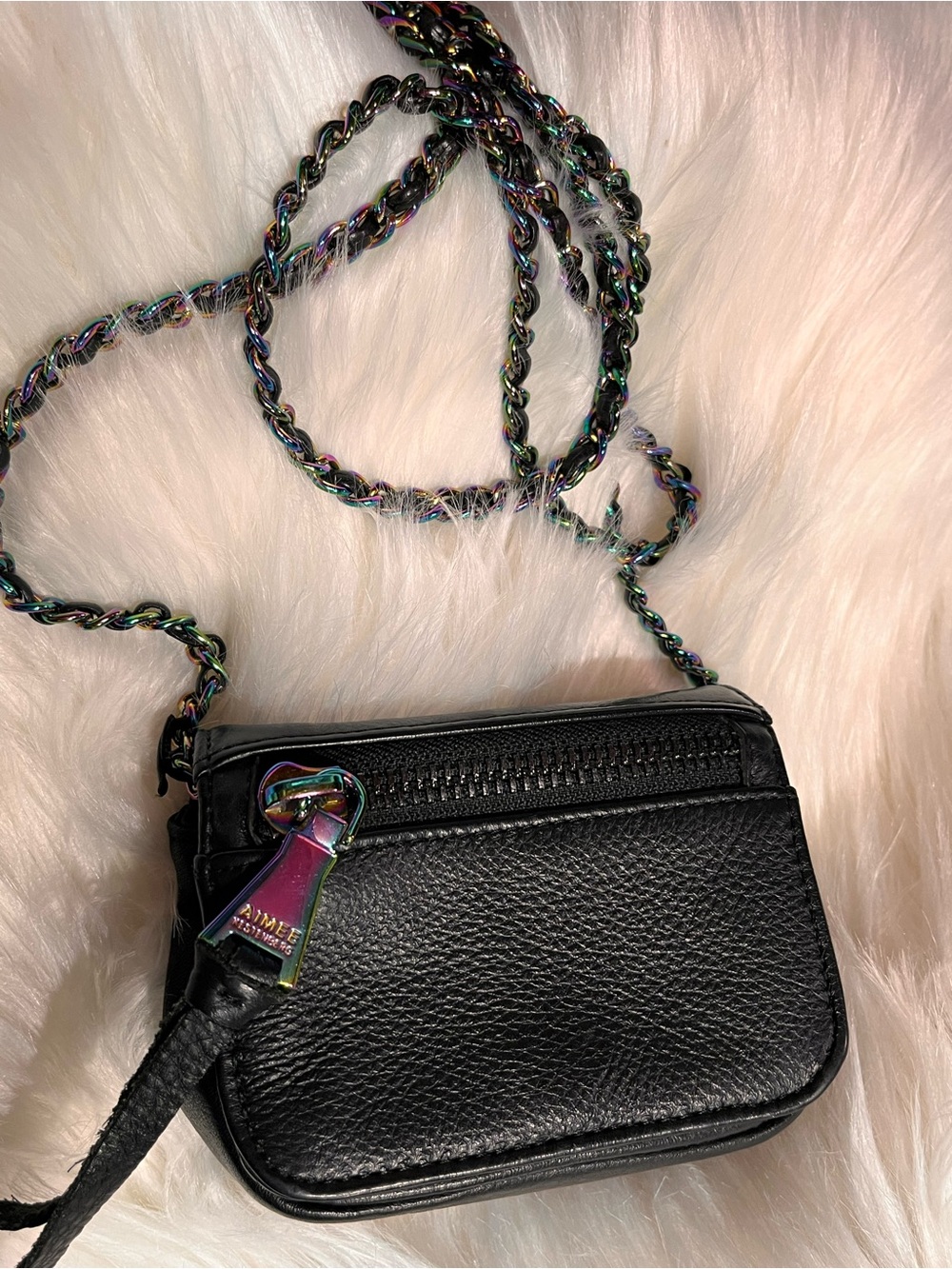 Aimee Kestenberg Black Leather Crossbody Bag with Iridescent Chain